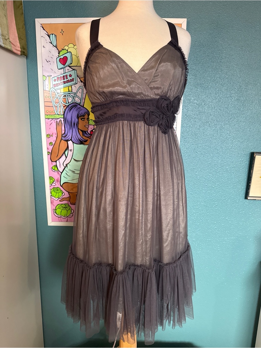 Anthropologie Moulinette Soeurs Spirited Away Gray Tulle Rosette Dress Size 6